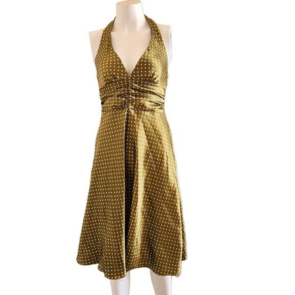 Speechless green silky polka dot retro dress halter top low v-cut swing 50s - Picture 1 of 3